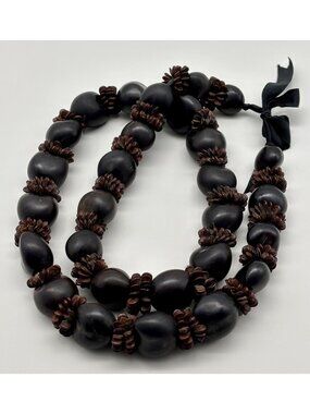 Vintage Hawaiian Lei Kukui Nut And Seeds Necklace With Ribbon Closure, Hand-Made
